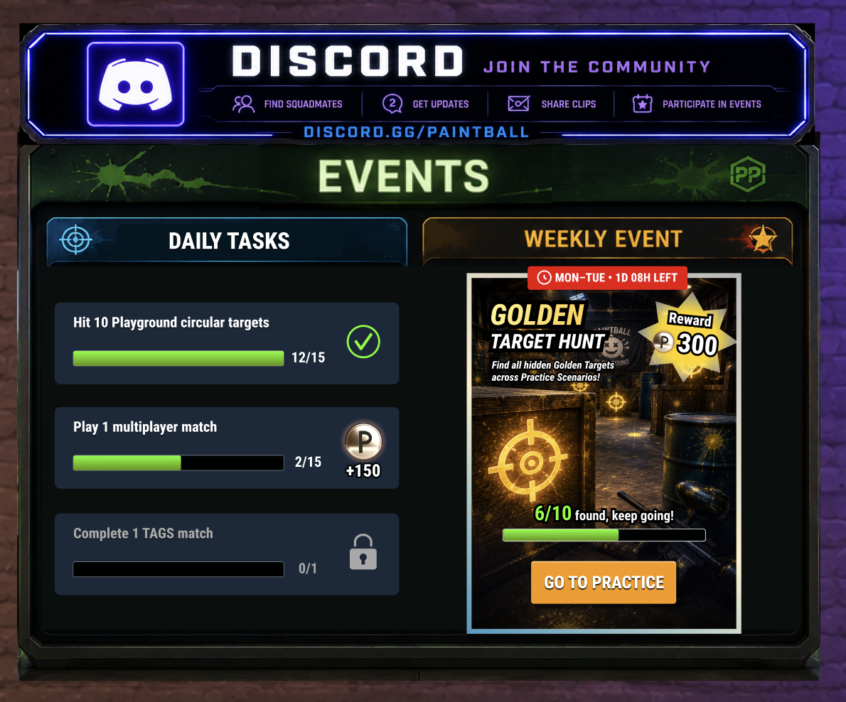 Events board with a Discord community banner above it, split into a Daily Tasks column showing three tasks with progress bars, a completed check, a PPCoin reward and a locked state, and a Weekly Event column featuring the Golden Target Hunt card