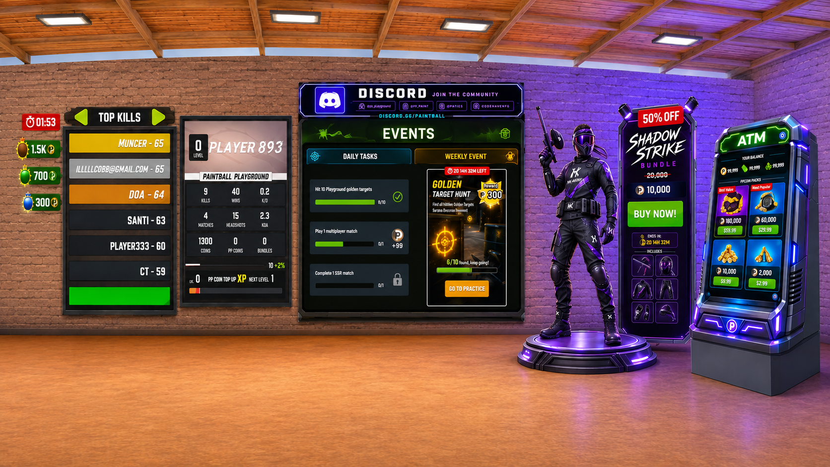Paintball Playground lobby interior with brick walls and a wooden ceiling, showing a Top Kills leaderboard, a player stats and level card, a Discord banner above an Events board split into Daily Tasks and Weekly Event tabs, a Shadow Strike bundle display with a character on a lit podium, and the PPCoin ATM kiosk at the entrance