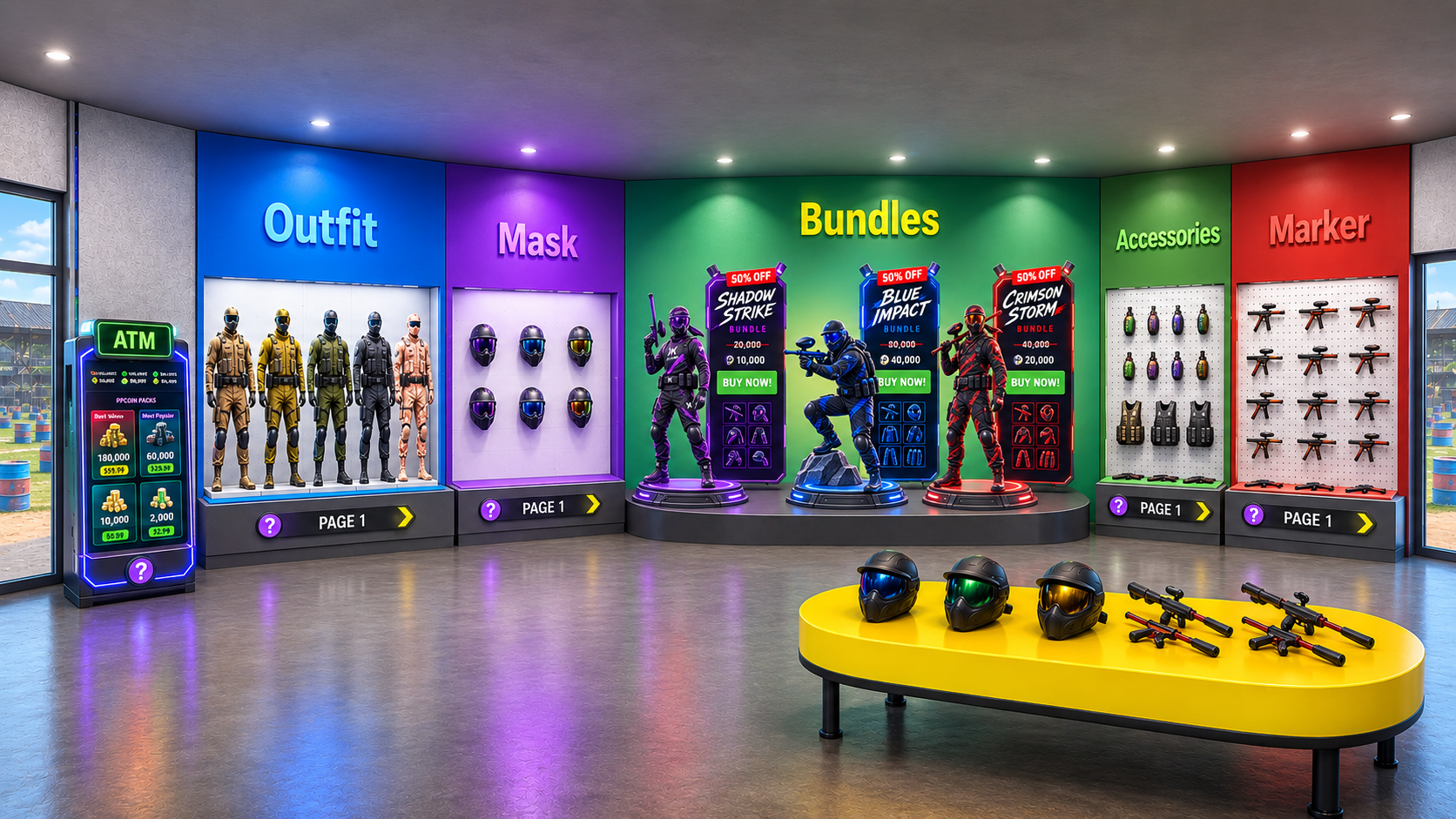 Store interior with color-coded wall zones labeled Outfit, Mask, Bundles, Accessories and Marker, three bundle character displays on a central podium, an ATM kiosk at the entrance and a yellow display table of masks and markers