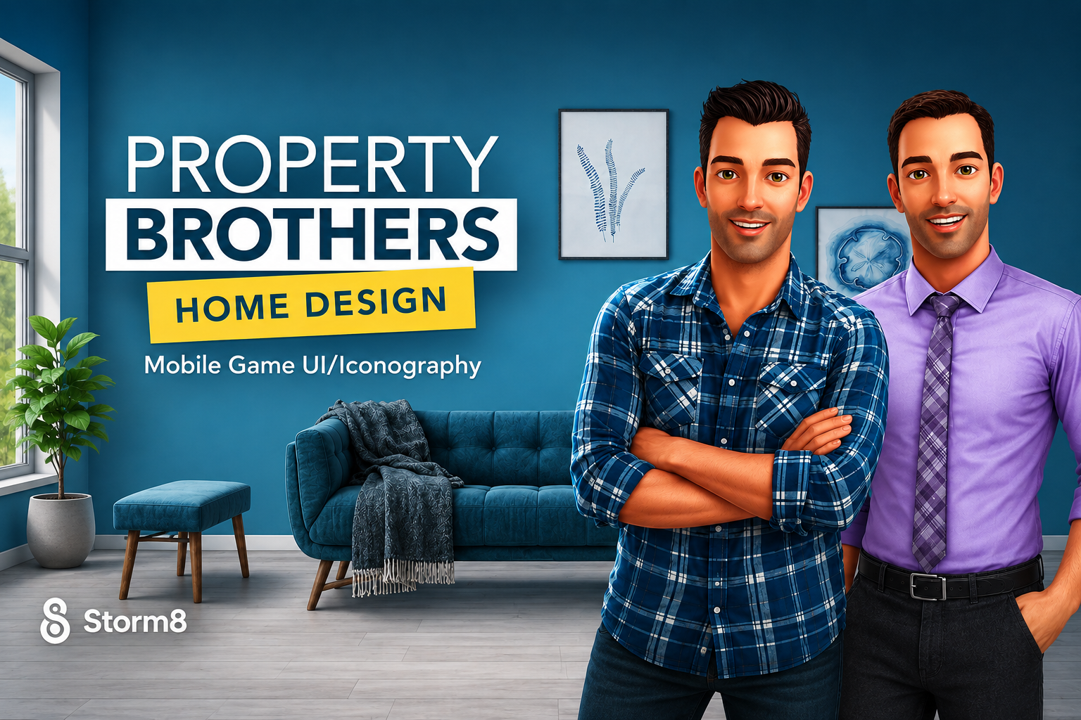 Property Brothers: Home Design key art with the two brothers in a teal living room, titled Mobile Game UI and Iconography