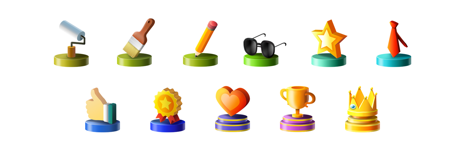 Eleven finished league icons on colored pedestals, rising in status from a paint roller, brush, pencil, sunglasses, star and necktie to a thumbs up, rosette medal, heart, trophy cup, and gold crown