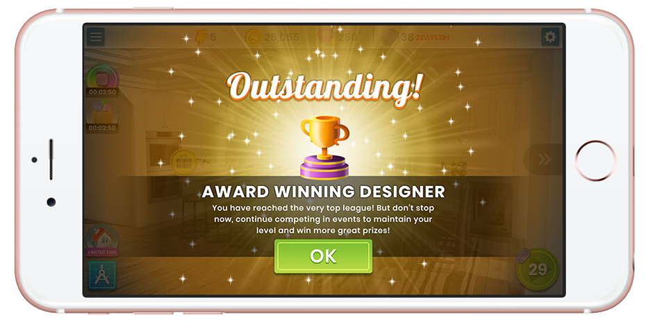 Outstanding celebration screen with a large trophy, the Award Winning Designer title, and a message about maintaining top league status