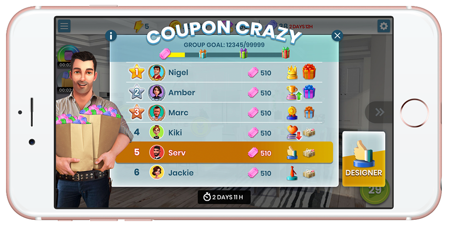 Coupon Crazy leaderboard showing a group goal progress bar and ranked players with coupon counts and reward icons