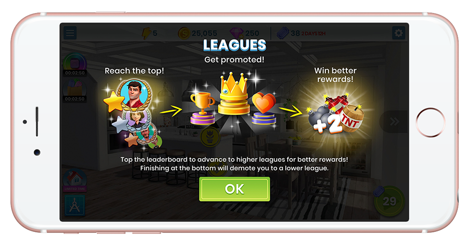 Leagues explainer dialog showing reach the top, a promotion path through trophy tiers, and better rewards