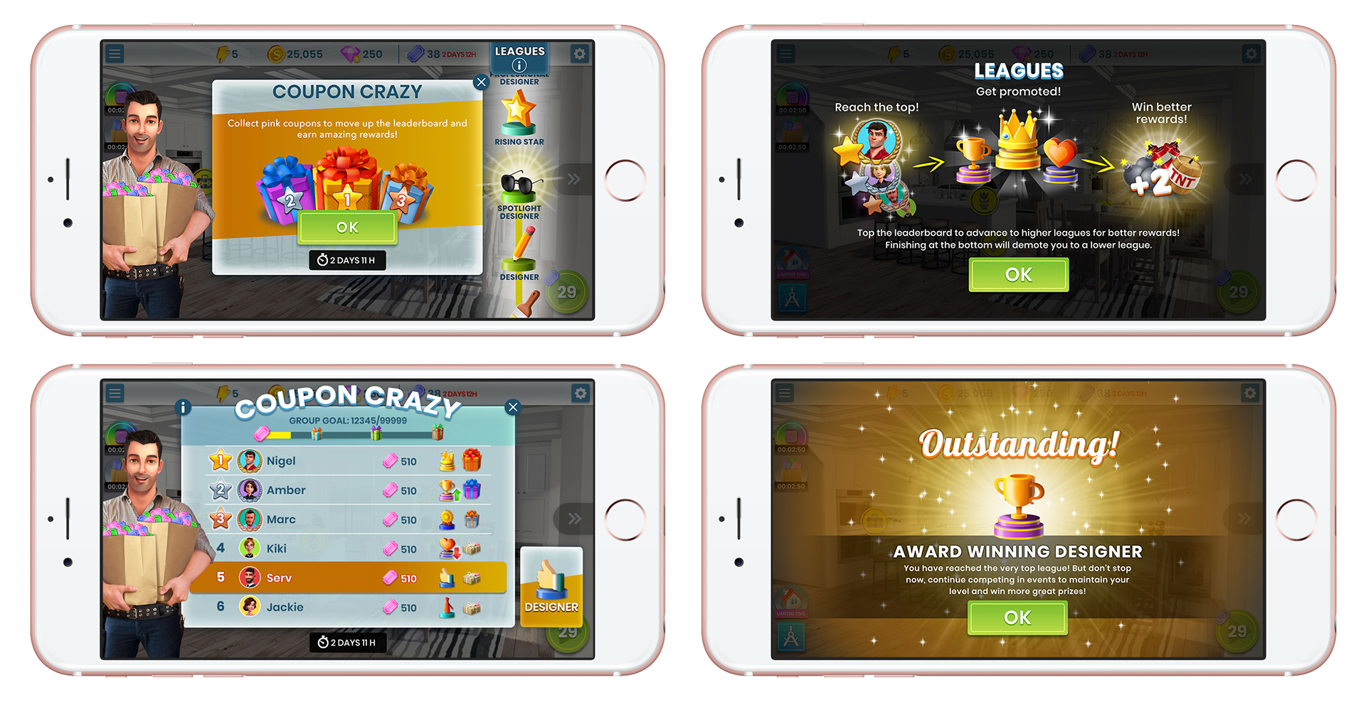 Four phone mockups showing the Coupon Crazy event dialog, the Leagues promotion explainer, the event leaderboard, and the Outstanding award celebration