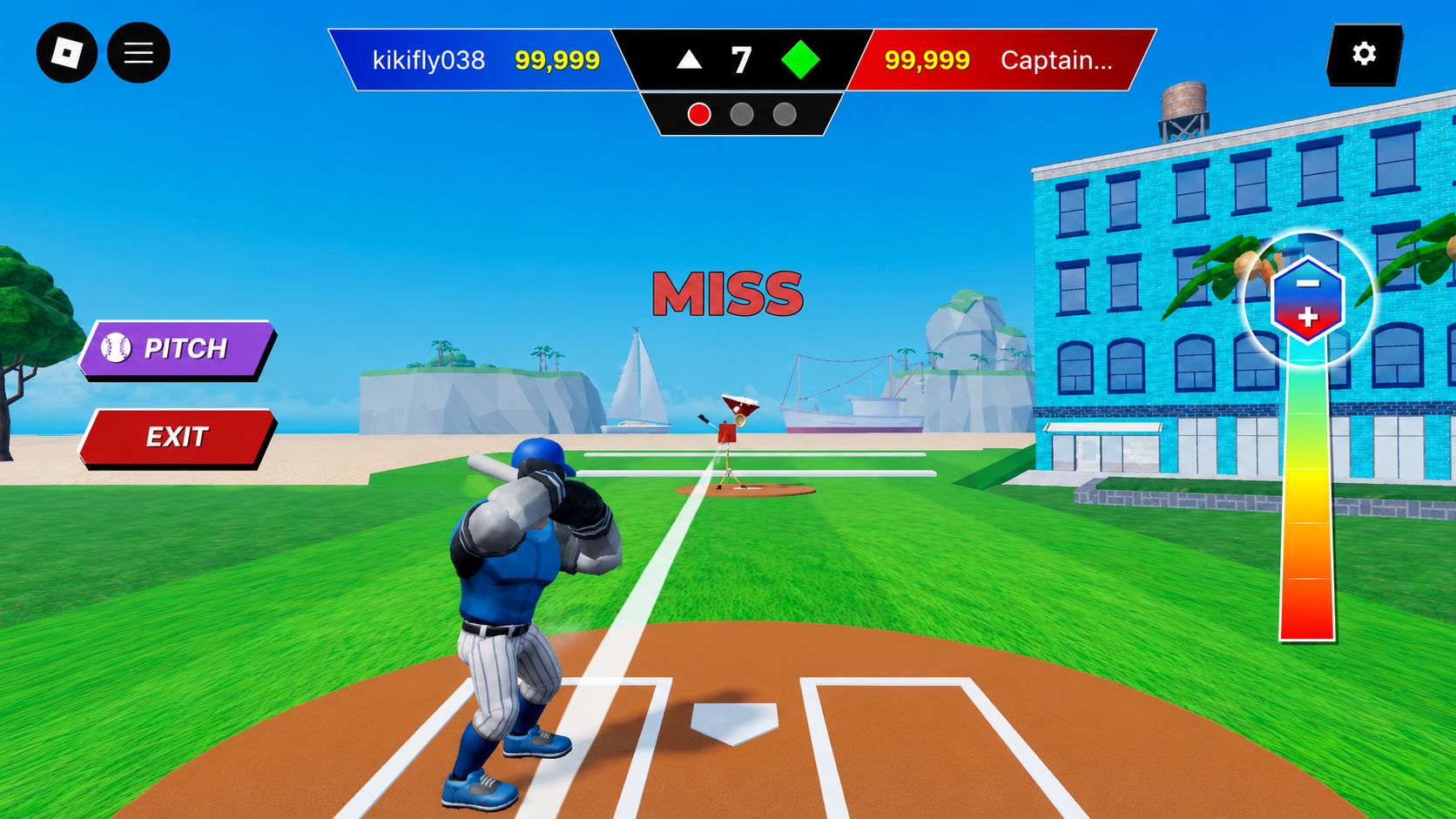 Batting cage showing a large red MISS callout after a swing, with the vertical power meter on the right