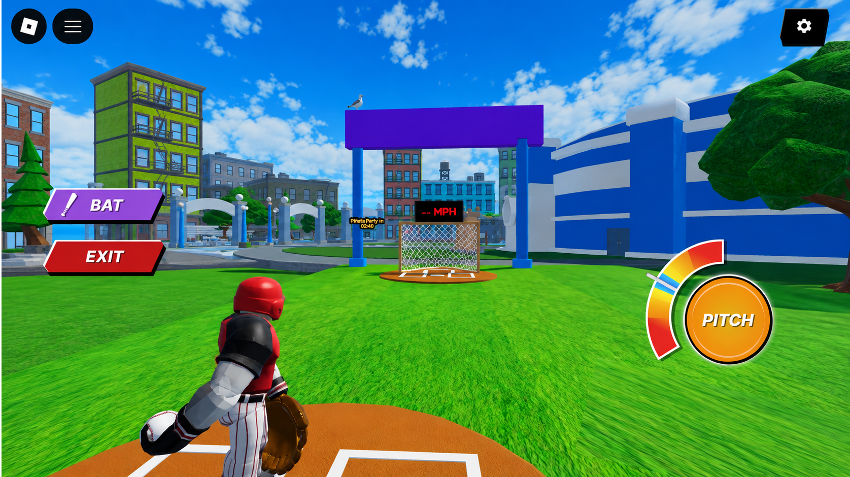 Batting cage with a curved power meter wrapped around the orange PITCH button