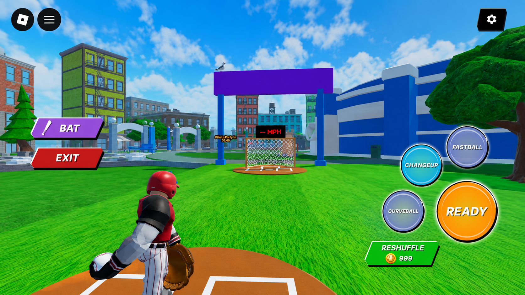 Batting cage with the chosen changeup highlighted in blue and a large orange READY button