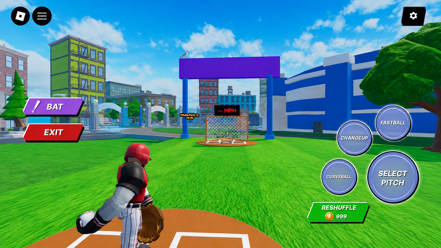 Batting cage pitching view with fastball, changeup and curveball options orbiting a large SELECT PITCH button, and purple BAT and red EXIT buttons on the left