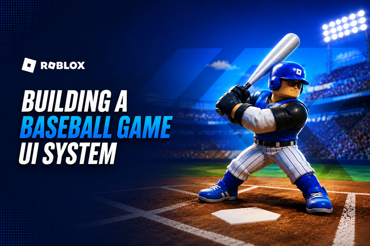 Building a Baseball Game UI System key art — a Roblox batter in blue mid-stance in a floodlit stadium beside the Roblox logo
