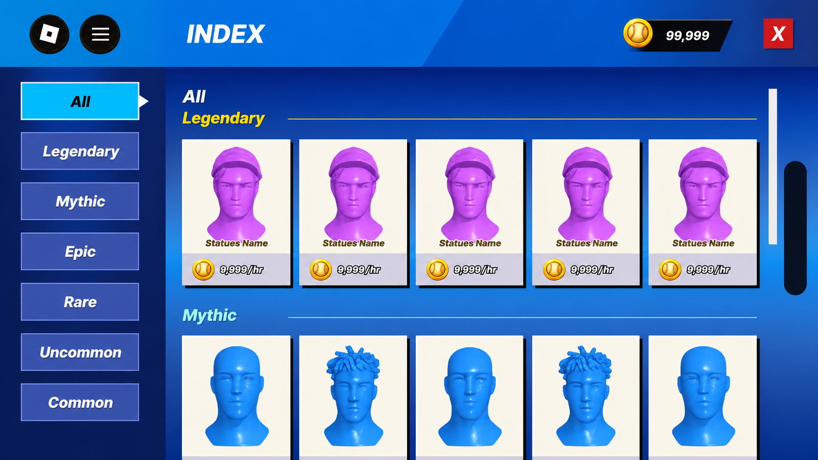 Collection Index with rarity filters down the left side and rows of statue cards grouped under Legendary and Mythic headings