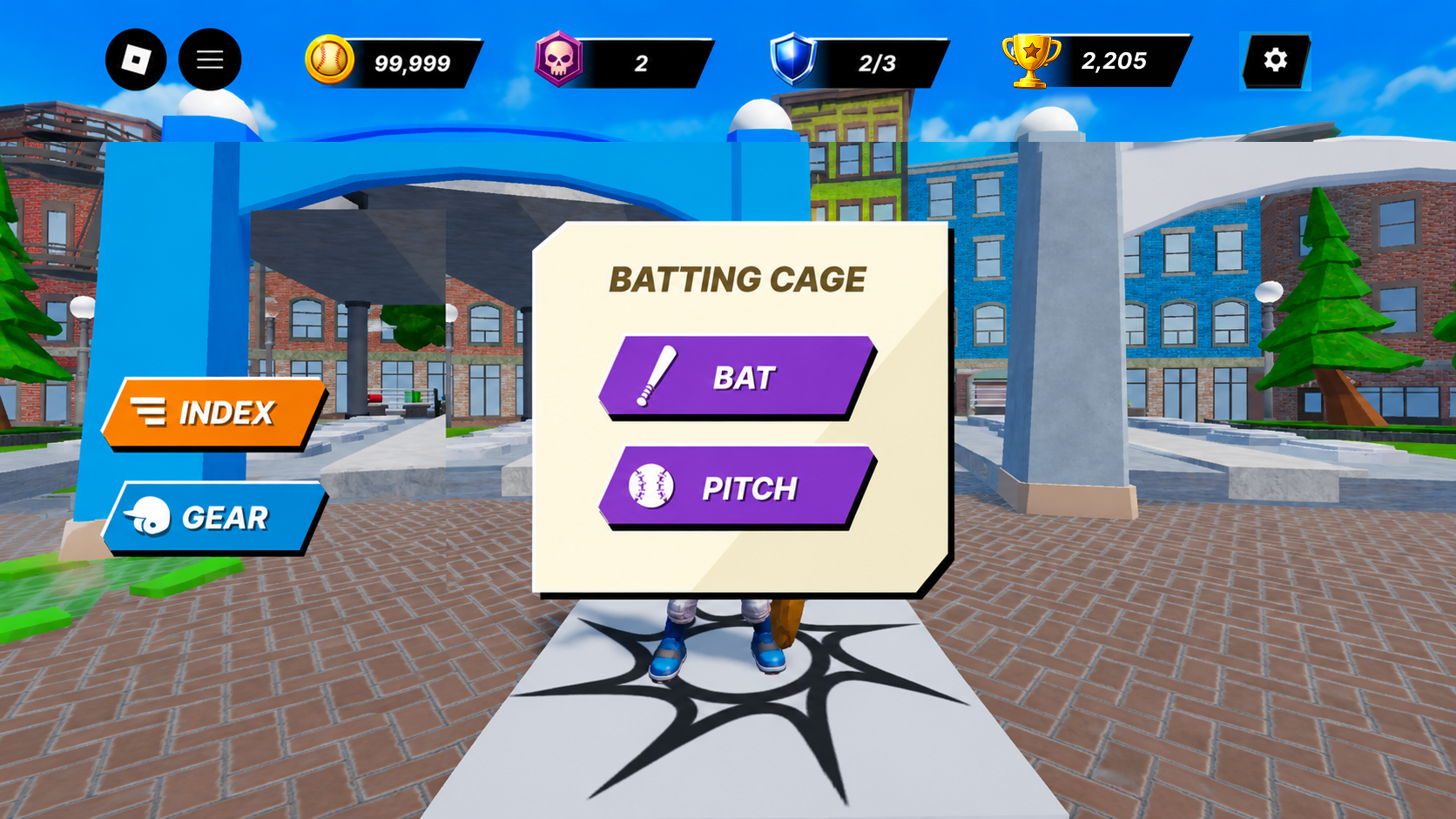 Batting Cage dialog in the lobby offering purple BAT and PITCH buttons