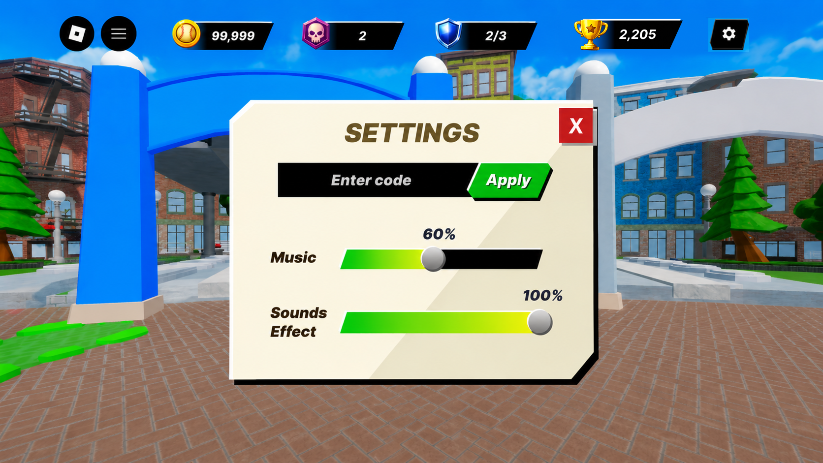 Settings panel with a code entry field and music and sound effect sliders