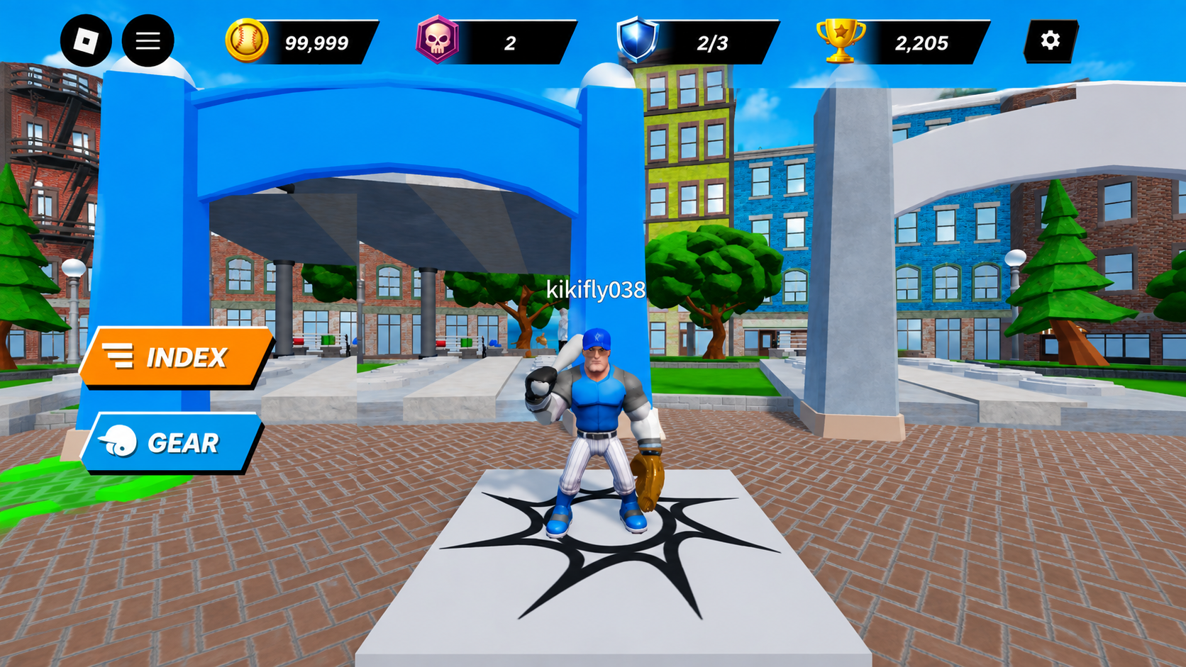 Lobby HUD with currency, skull, shield and trophy counters across the top and orange INDEX and blue GEAR navigation buttons on the left