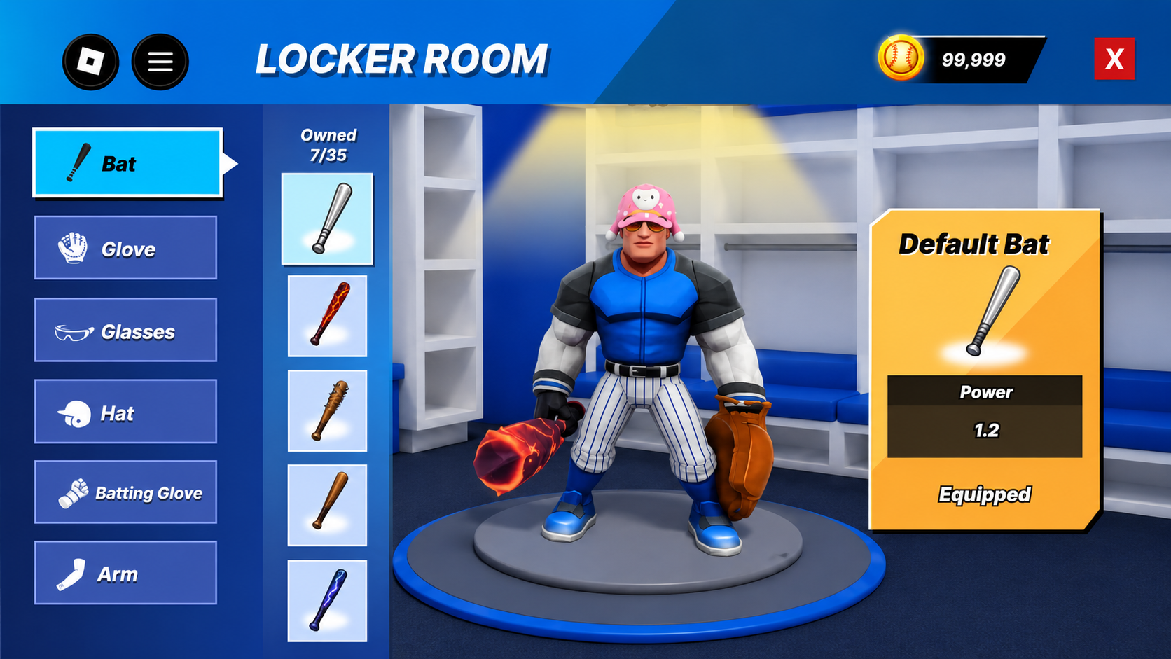Locker Room with equipment categories down the left, an owned bat list, the player on a turntable, and a Default Bat card showing a power value of 1.2 and an Equipped label