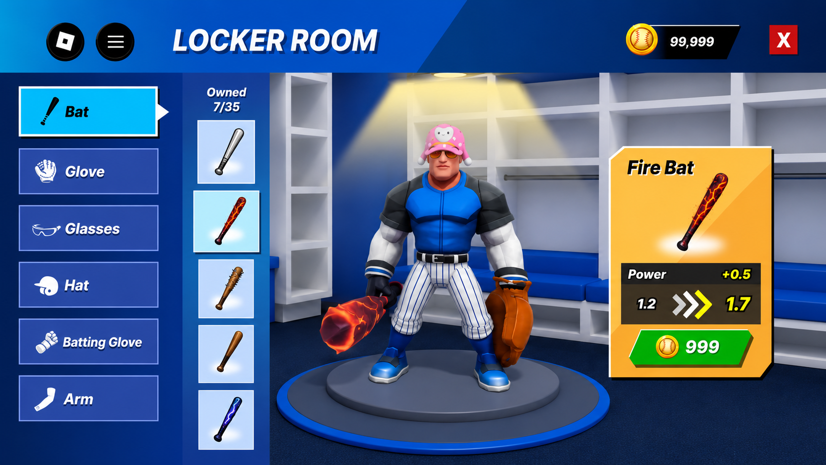 Locker Room showing the Fire Bat card with a power increase from 1.2 to 1.7 and a green purchase button priced at 999 coins