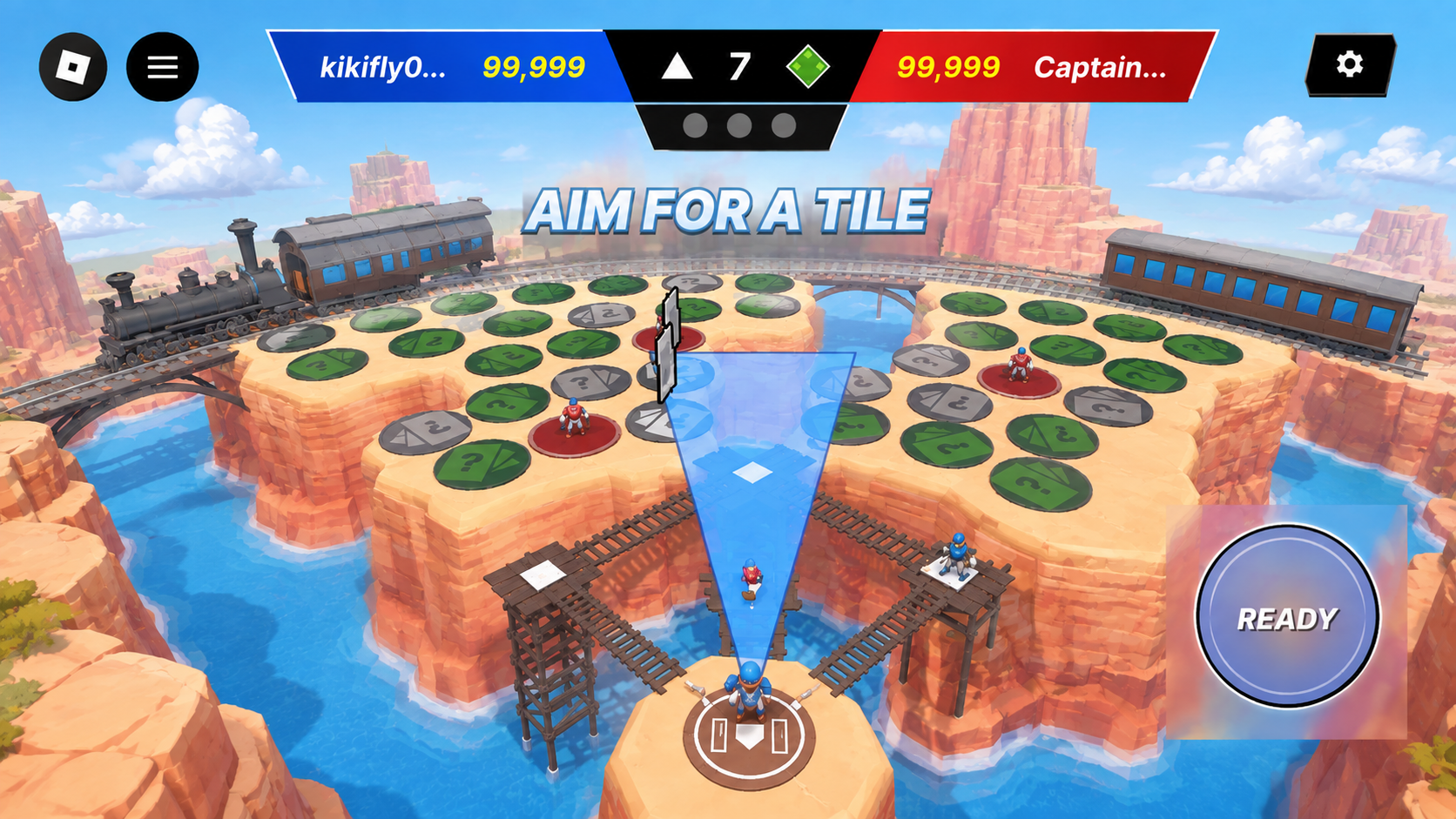 Overhead aim state with an AIM FOR A TILE prompt, a blue targeting cone over the tile field and a READY button