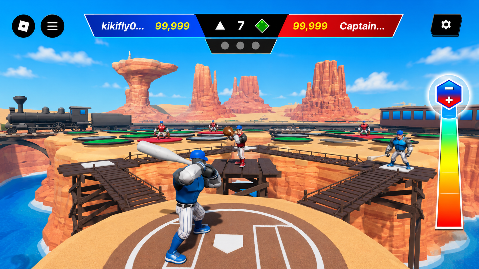 Match batting view with the anchored score bar across the top and the vertical power meter on the right