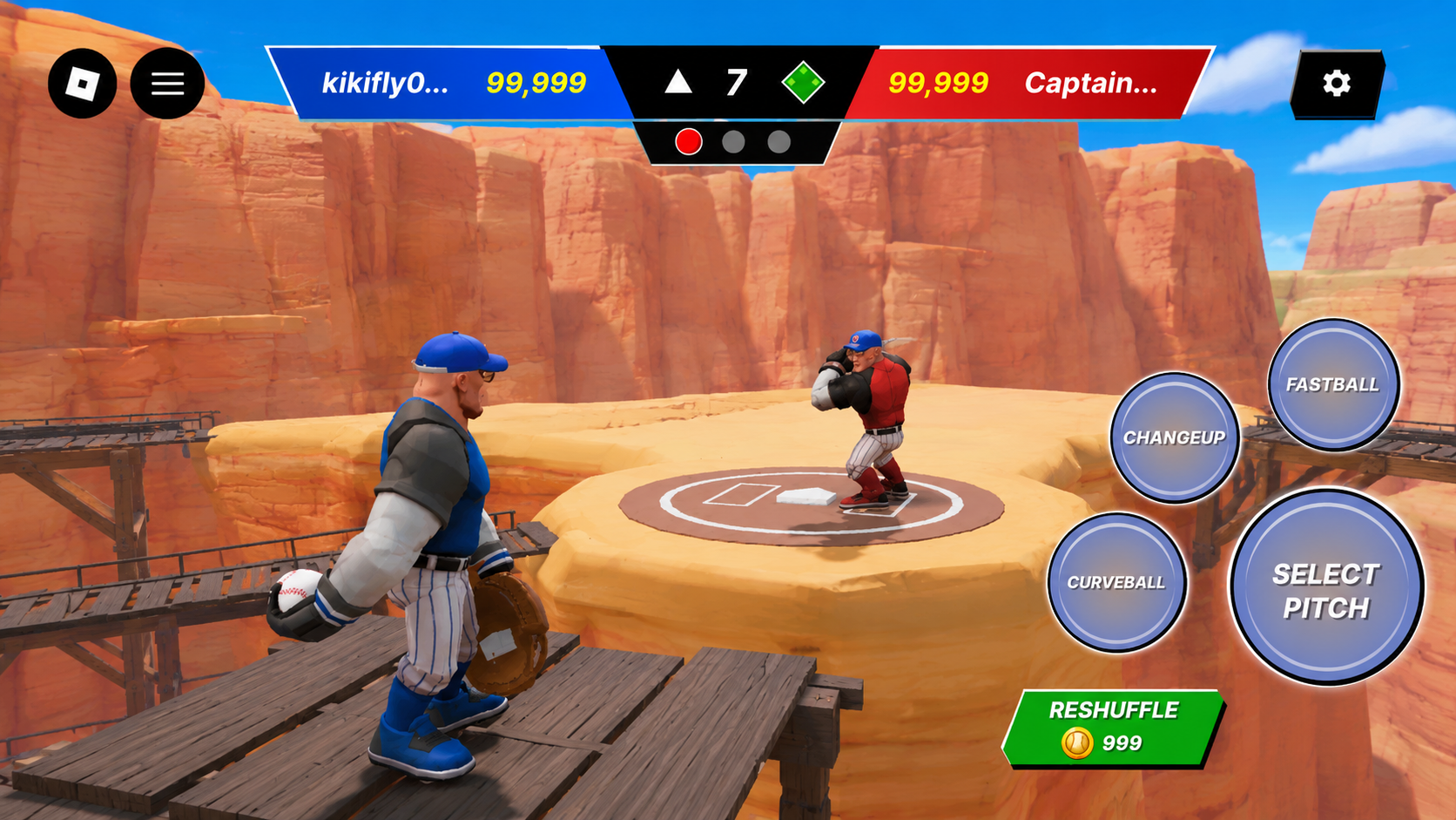 Match pitching view with the top score bar and fastball, changeup and curveball options around a SELECT PITCH button