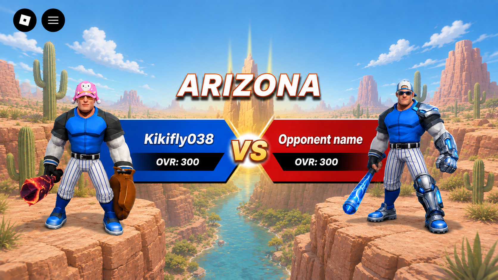 Pre-match screen in a desert canyon with an ARIZONA title and blue versus red panels showing both players and their overall ratings