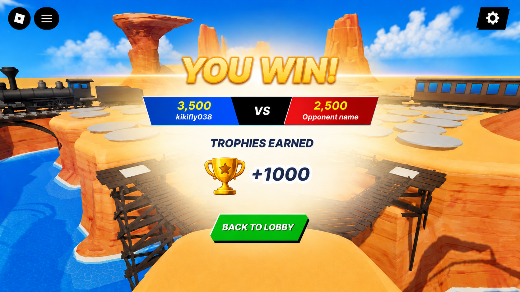 YOU WIN screen over a desert canyon with the final score, trophies earned and a green Back to Lobby button