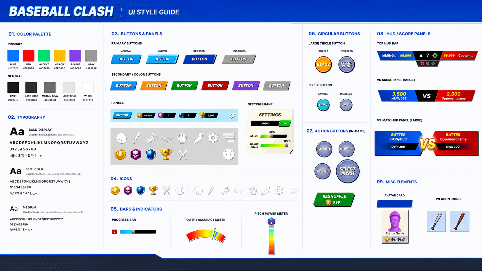Baseball Clash UI style guide board laying out the color palette, typography weights, button and panel states, icons, bars and meters, circular in-game buttons, and HUD and score panels
