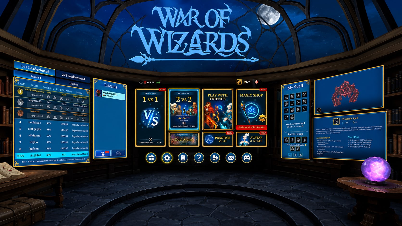 After: the refined lobby with gold-framed navy panels curved around the player inside a moonlit wizard tower library