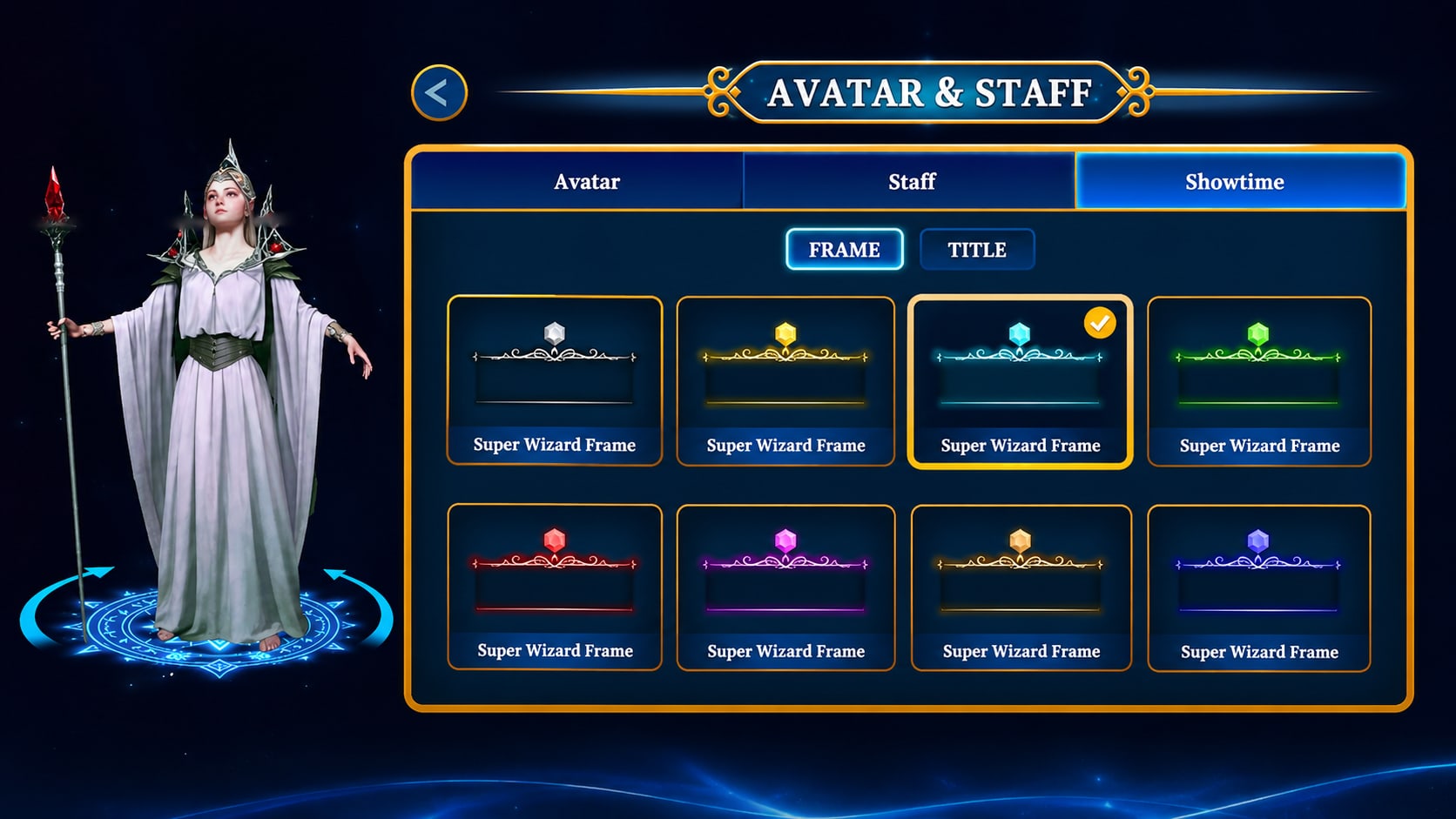 Avatar & Staff screen with Avatar, Staff and Showtime tabs, a rotating character preview on the left and a grid of Super Wizard Frame options with one selected