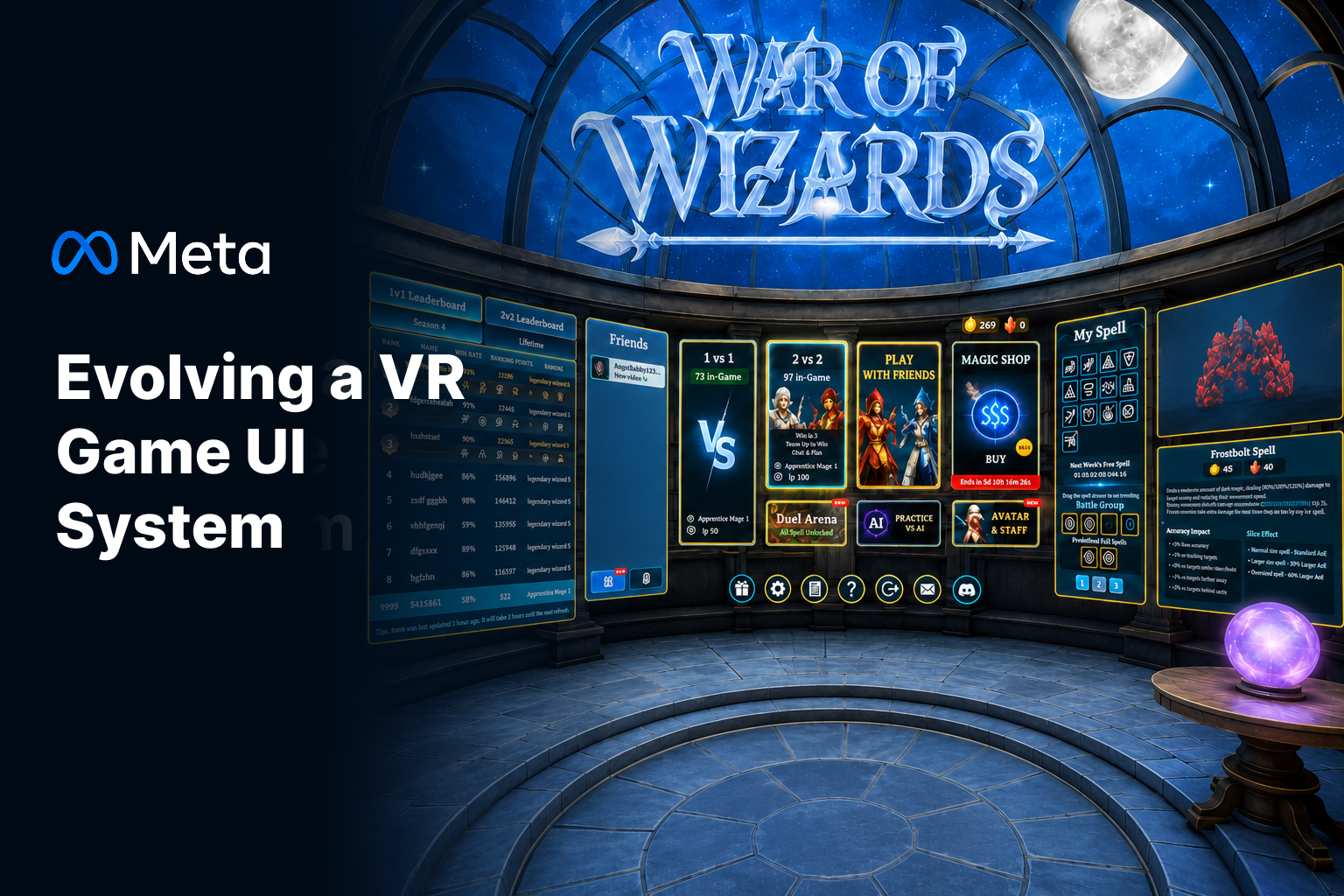 War of Wizards key art titled Evolving a VR Game UI System, showing the refreshed lobby panels, leaderboard and spell menus curved inside a moonlit wizard tower beside the Meta logo