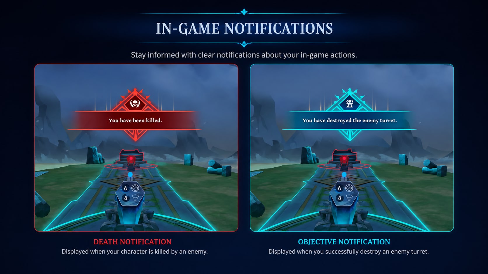 In-game notification spec comparing two variants above the same battlefield: a red banner reading “You have been killed.” labelled Death Notification, and a cyan banner reading “You have destroyed the enemy turret.” labelled Objective Notification