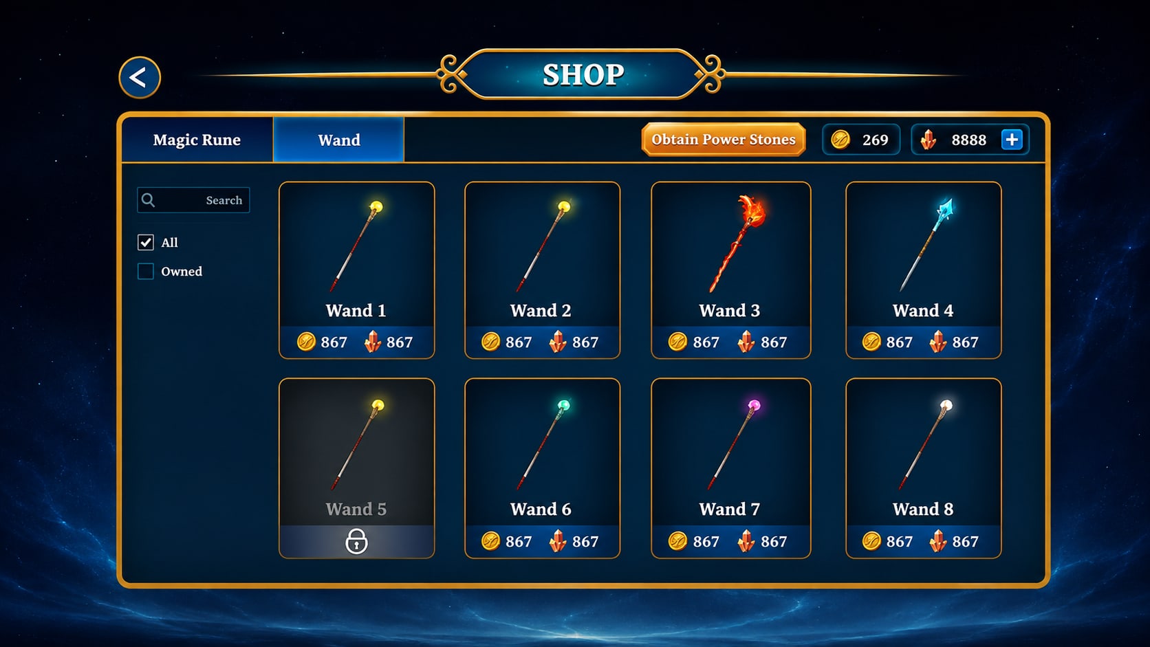 Magic Shop screen with Magic Rune and Wand tabs, a search and ownership filter, and a grid of wand cards showing prices and one locked item